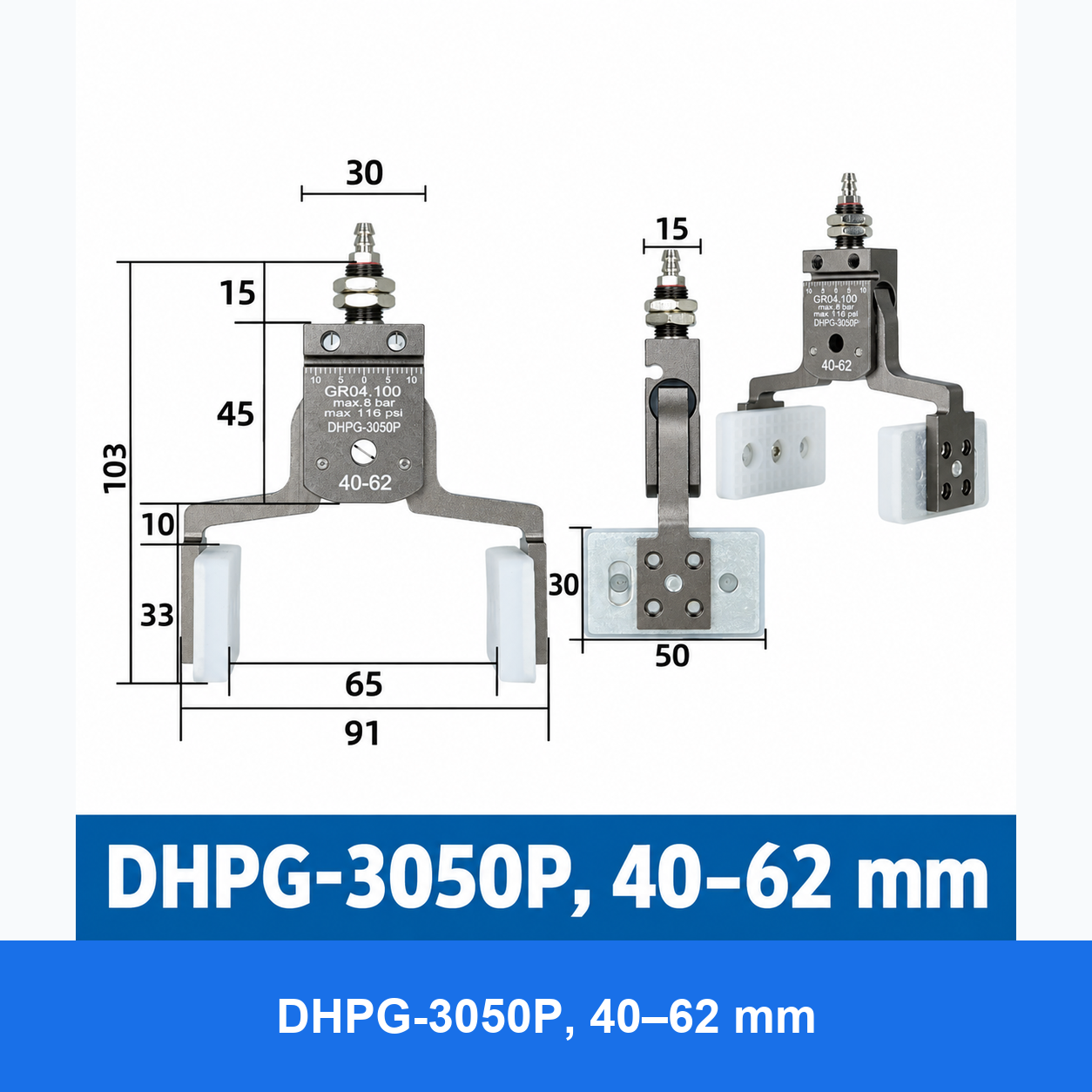 DHPG or DHRG 3050 mini pneumatic gripper, DHPG-3050P, 40–62 mm