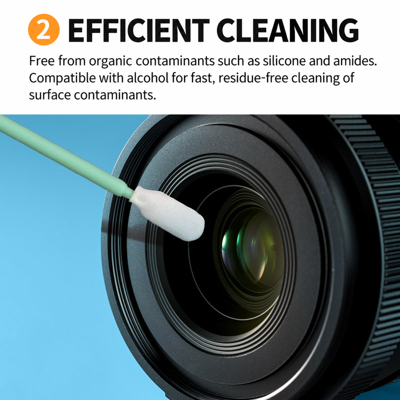 Cleanroom swab used for residue-free optical lens cleaning