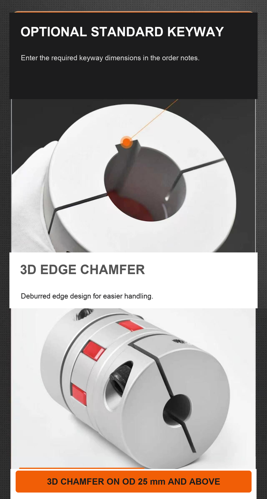 Optional keyway and 3D chamfer details