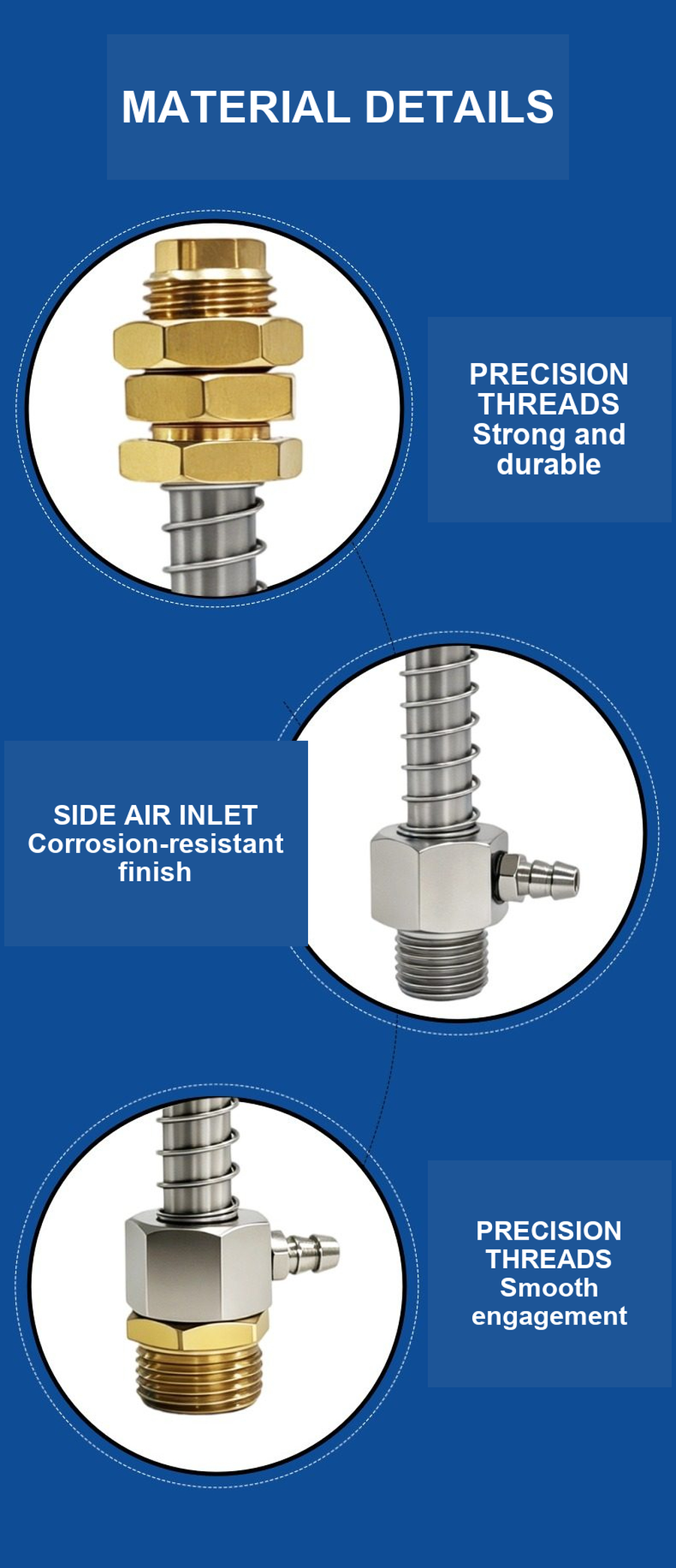 Side-entry buffer fitting material and thread details