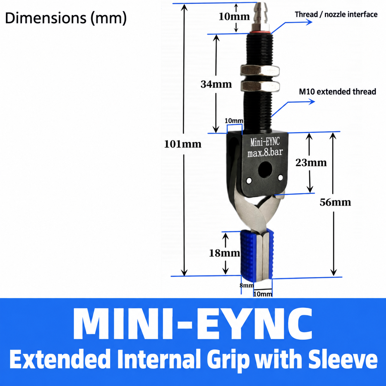 Mini pneumatic gripper or replacement jaw, MINI-EYNC Extended Internal Grip with Sleeve