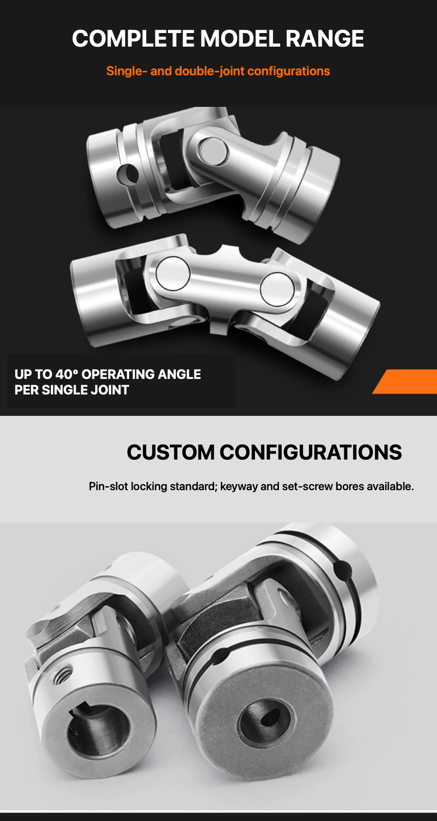 Universal-joint coupling model range operating angle and custom configurations