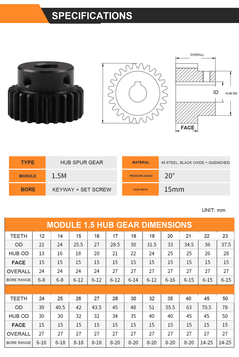 BOLTTE Module 1.5 hub spur gear dimensions