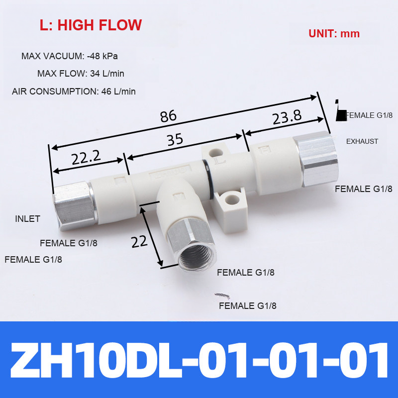 BOLTTE ZH10DL-01-01-01 — High Flow tube vacuum generator with engineering dimensions