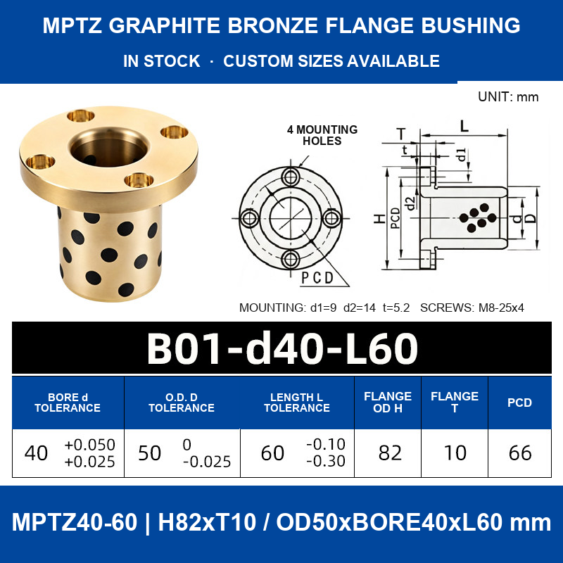 MPTZ graphite bronze round flange bushing, 40 mm bore, 50 mm OD, 60 mm length