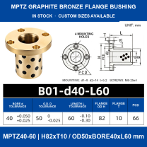 MPTZ graphite bronze round flange bushing, 40 mm bore, 50 mm OD, 60 mm length