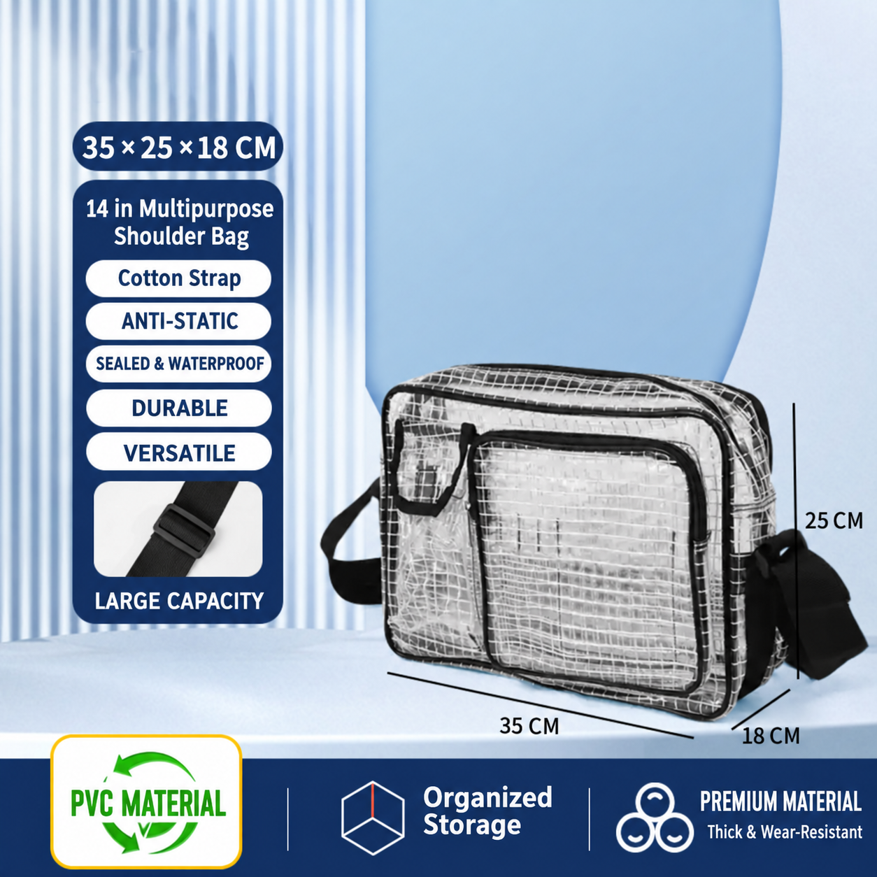 BOLTTE transparent PVC anti-static cleanroom bag 14 in Multipurpose Shoulder Bag – 35 × 25 × 18 cm