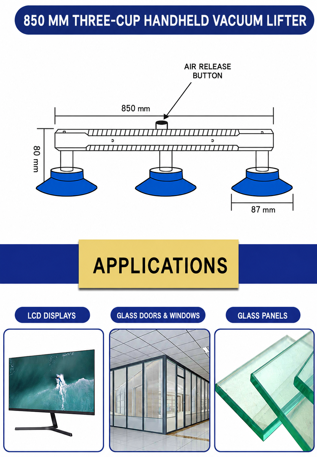 850 mm three-cup vacuum lifter dimensions and applications