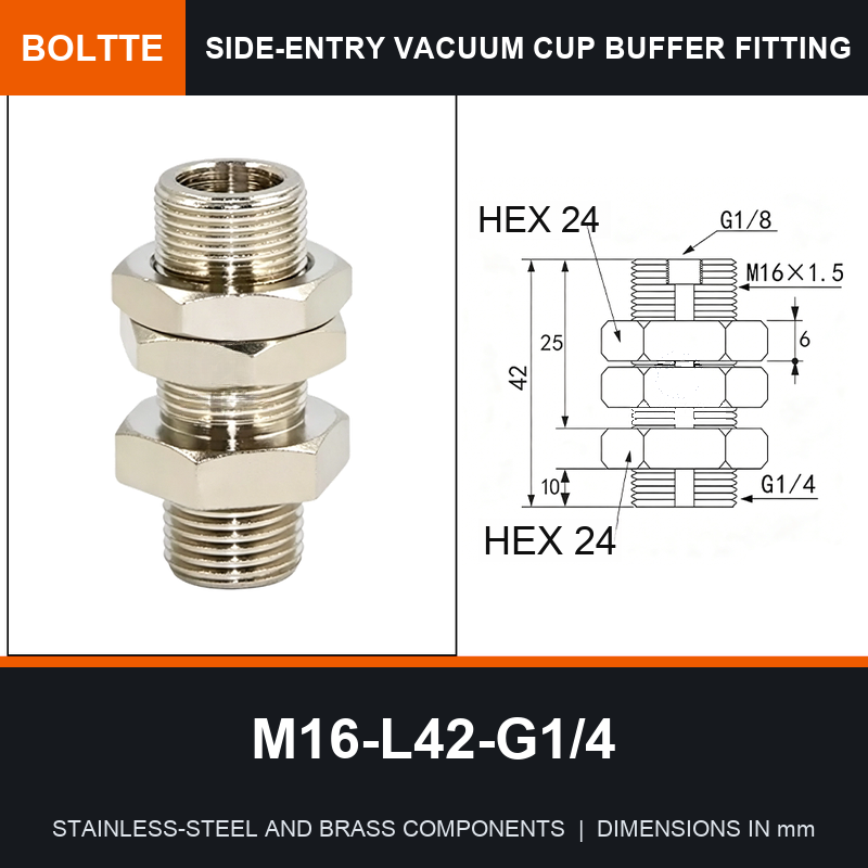 BOLTTE M16-L42-G1/4 side-entry rotary vacuum cup buffer fitting