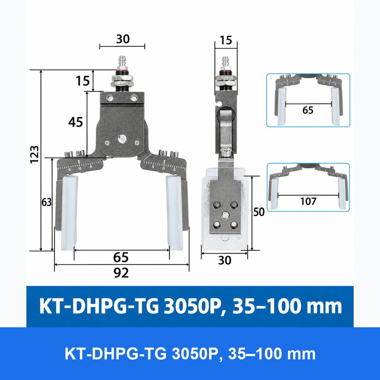 DHPG or DHRG 3050 mini pneumatic gripper, KT-DHPG-TG 3050P, 35–100 mm