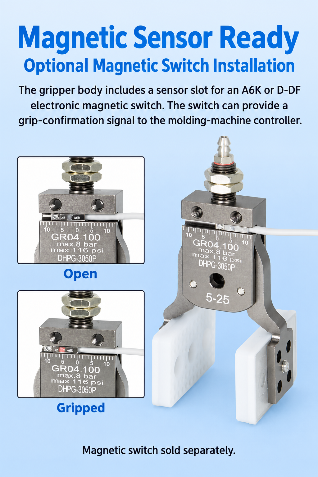 DHPG 3050 gripper with optional magnetic switch installation