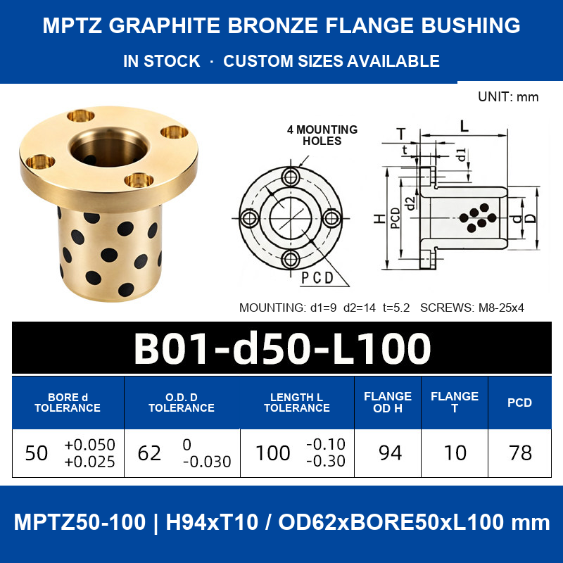 MPTZ graphite bronze round flange bushing, 50 mm bore, 62 mm OD, 100 mm length