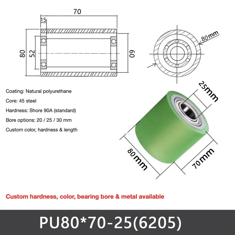 PU Ø80 × 70 mm – 25 mm Bore (6205), polyurethane-coated dual-bearing conveyor roller