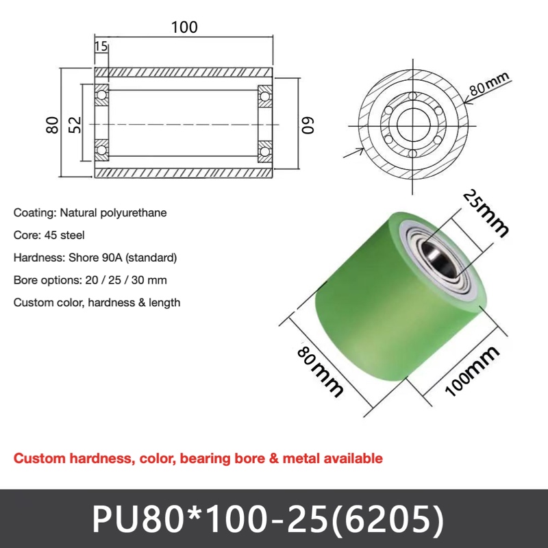 PU Ø80 × 100 mm – 25 mm Bore (6205), polyurethane-coated dual-bearing conveyor roller