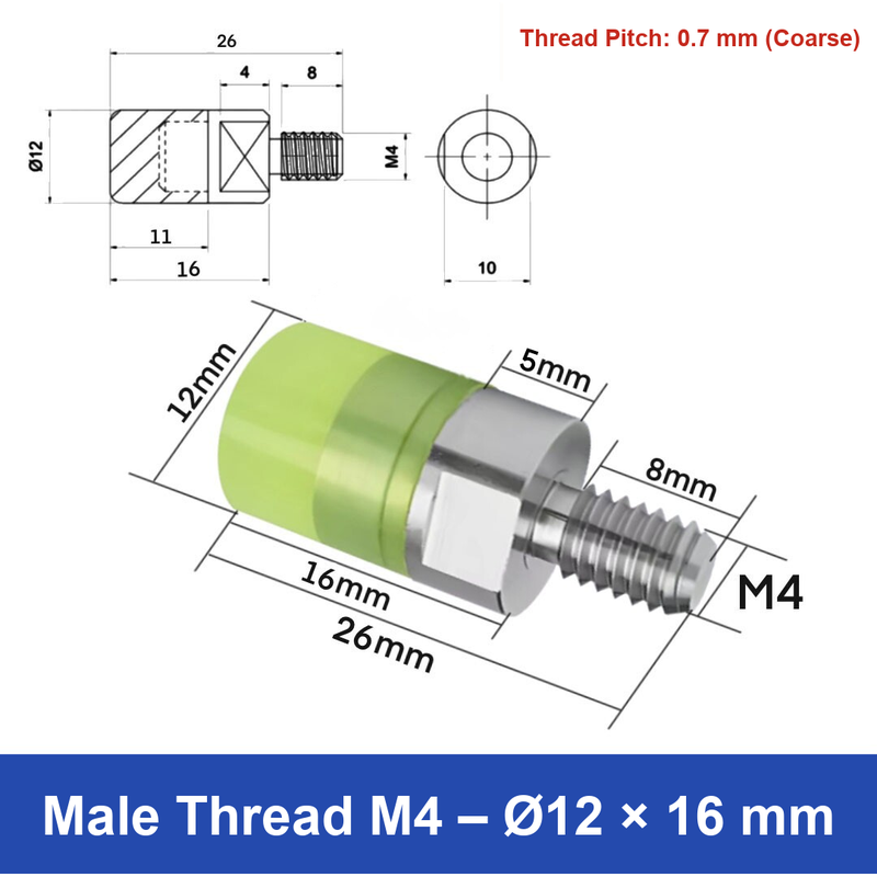 Male Thread M4 – Ø12 × 16 mm, 304 stainless steel polyurethane-coated buffer component