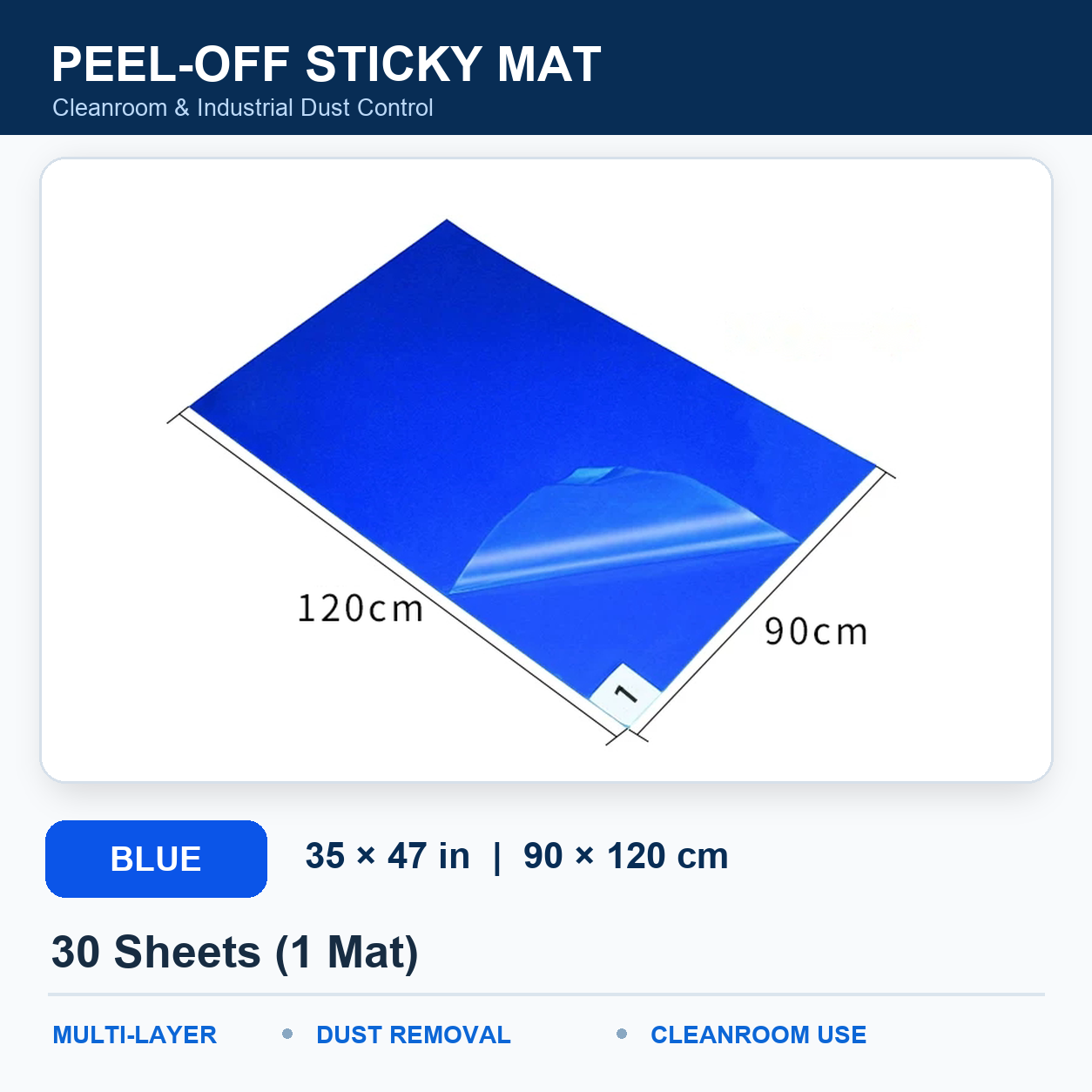 BOLTTE blue peel-off sticky mat Blue – 35 × 47 in (90 × 120 cm) – 30 Sheets (1 Mat)