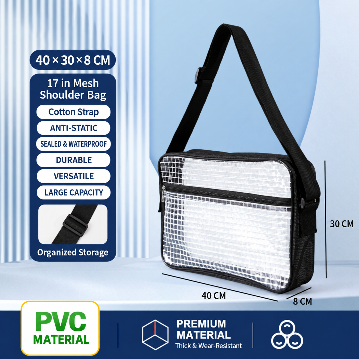 BOLTTE transparent PVC anti-static cleanroom bag 17 in Mesh Shoulder Bag – Cotton Strap – 40 × 30 × 8 cm