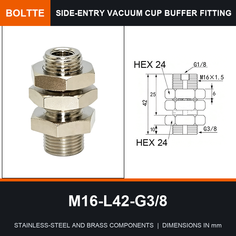 BOLTTE M16-L42-G3/8 side-entry rotary vacuum cup buffer fitting
