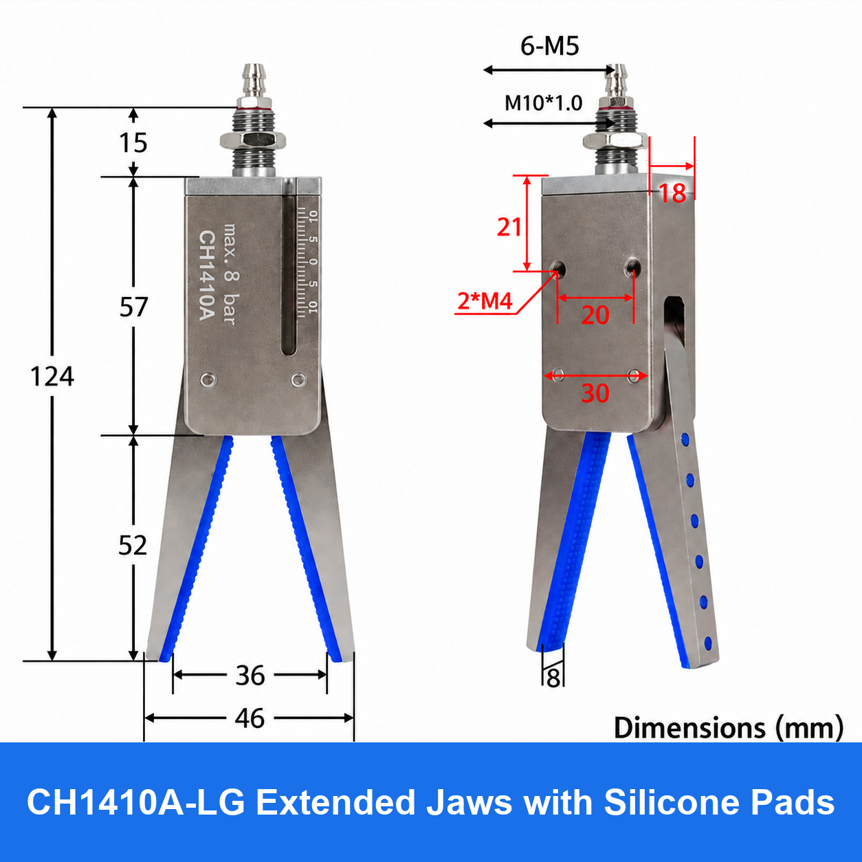 CH1410 mini pneumatic gripper or accessory, CH1410A-LG Extended Jaws with Silicone Pads
