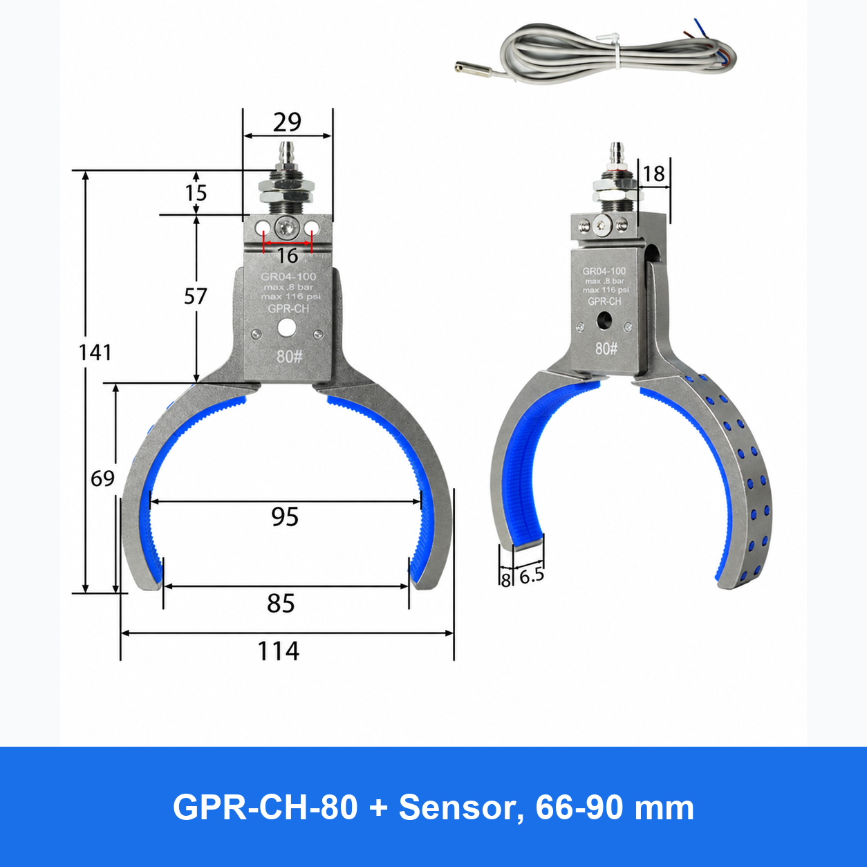 Pneumatic bottle-preform gripper, GPR-CH-80 + Sensor, 66-90 mm