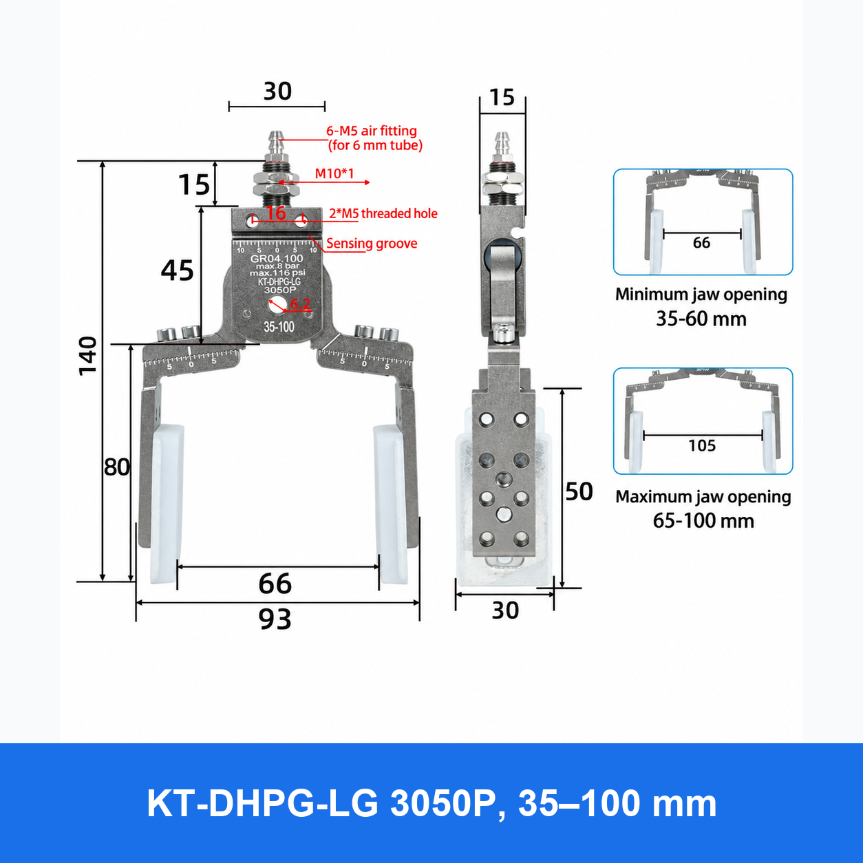 DHPG or DHRG 3050 mini pneumatic gripper, KT-DHPG-LG 3050P, 35–100 mm