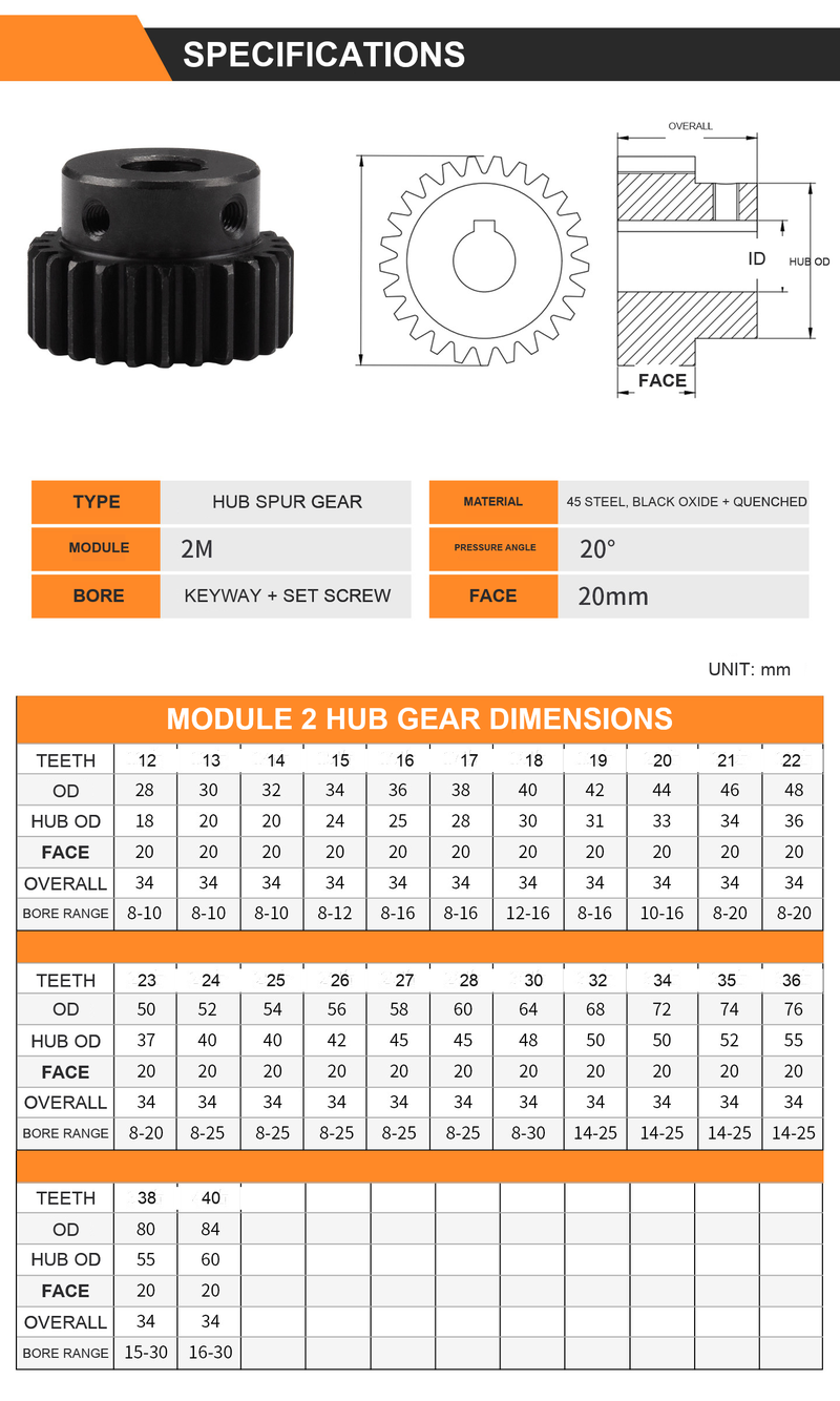 BOLTTE Module 2 hub spur gear dimensions