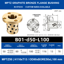 MPTZ graphite bronze round flange bushing, 50 mm bore, 80 mm OD, 100 mm length