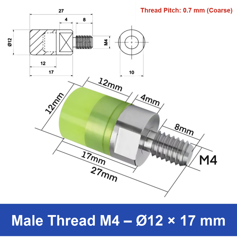 Male Thread M4 – Ø12 × 17 mm, 304 stainless steel polyurethane-coated buffer component