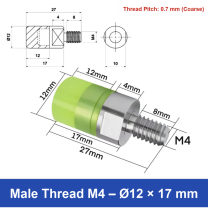 Male Thread M4 – Ø12 × 17 mm, 304 stainless steel polyurethane-coated buffer component