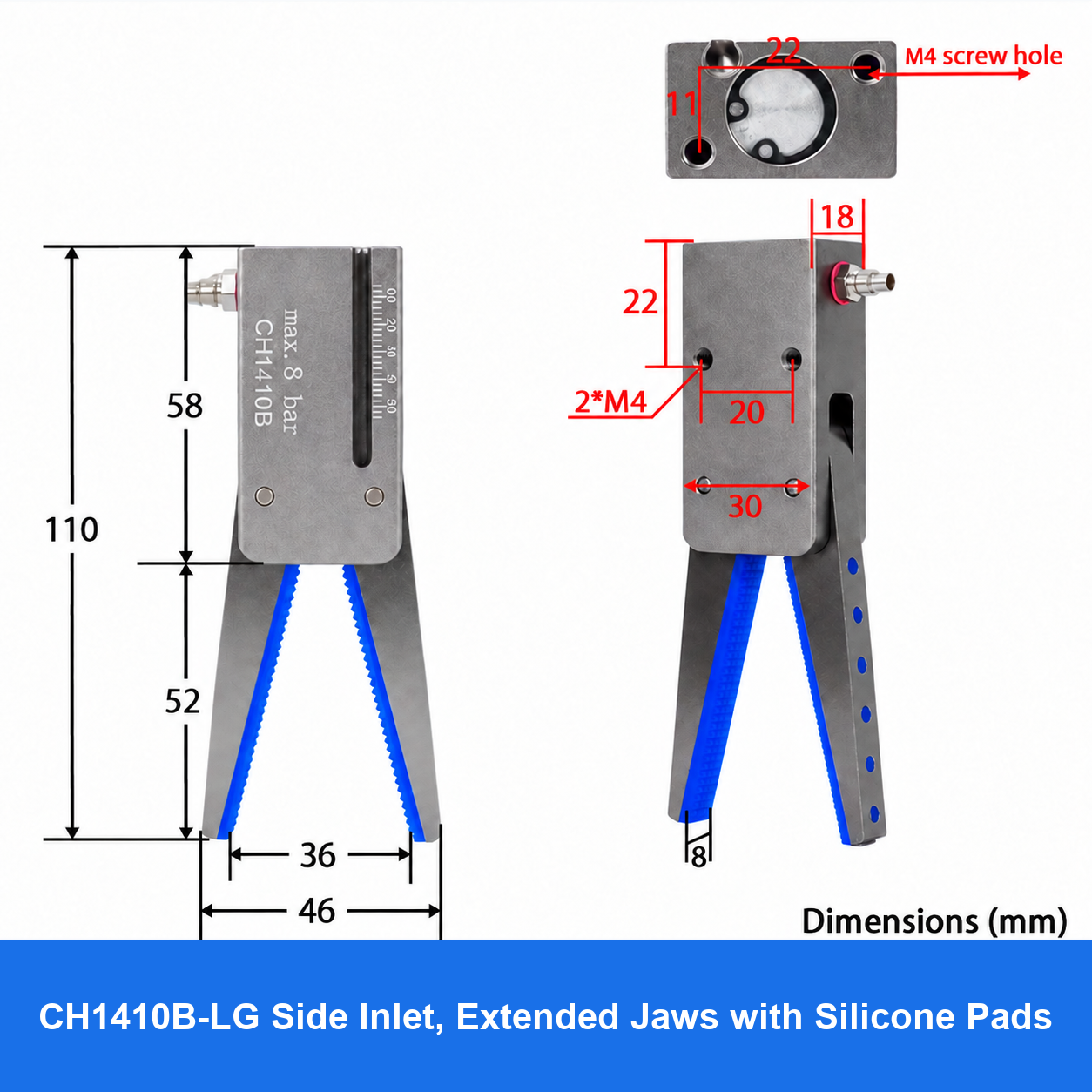 CH1410 mini pneumatic gripper or accessory, CH1410B-LG Side Inlet, Extended Jaws with Silicone Pads