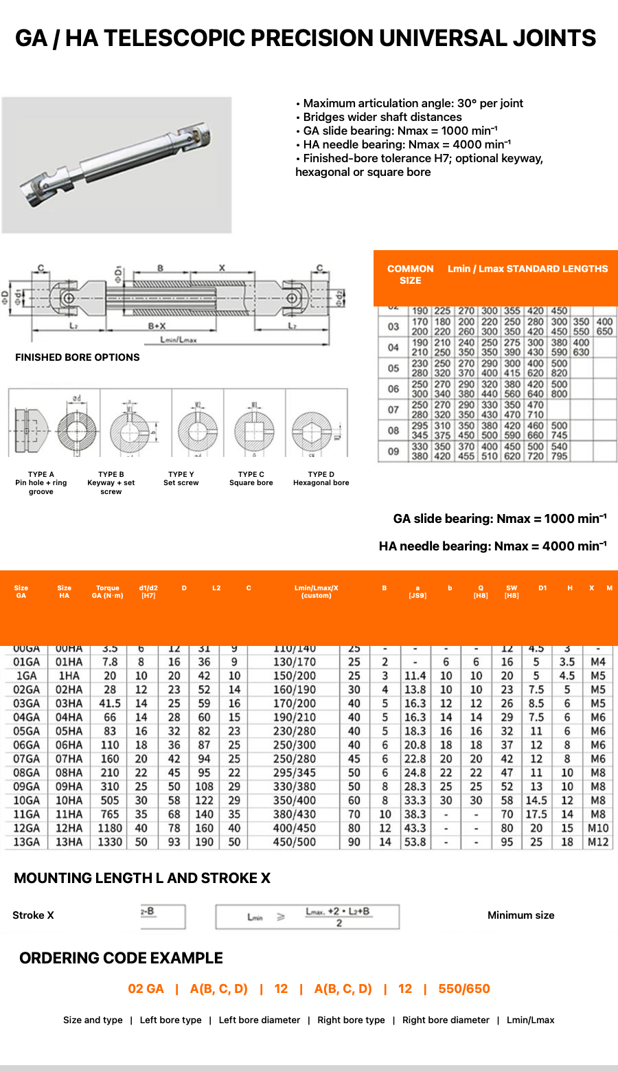 GA and HA telescopic universal-joint dimensions specifications and ordering codes