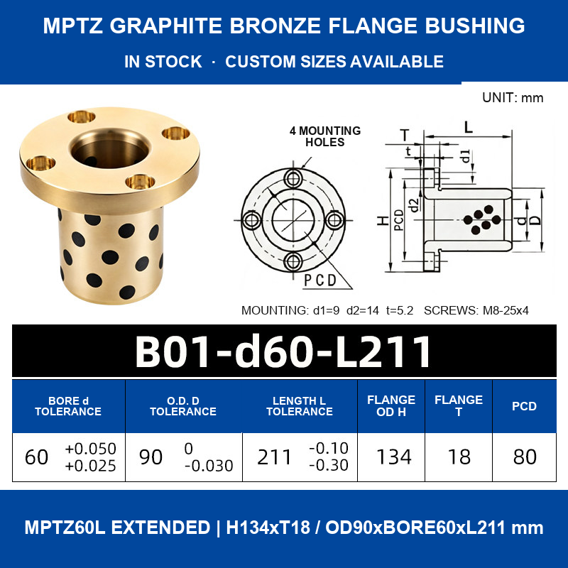 MPTZ graphite bronze round flange bushing, 60 mm bore, 90 mm OD, 211 mm length