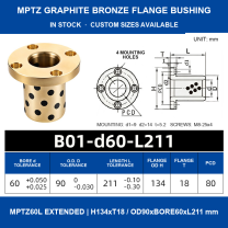 MPTZ graphite bronze round flange bushing, 60 mm bore, 90 mm OD, 211 mm length