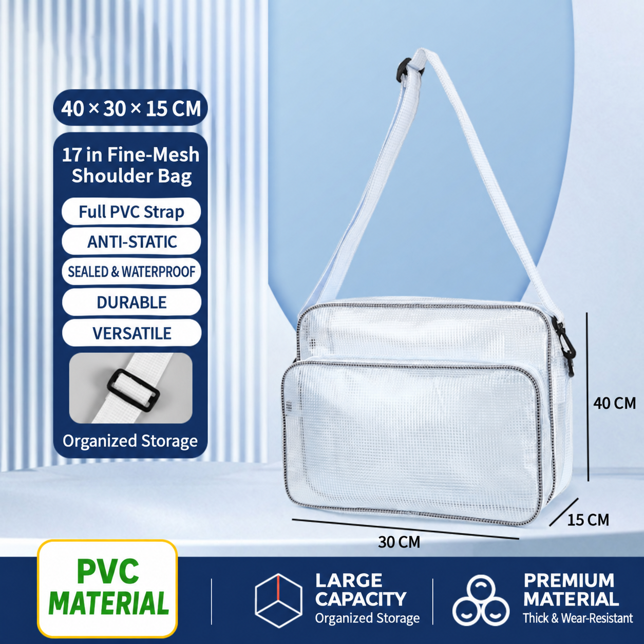 BOLTTE transparent PVC anti-static cleanroom bag 17 in Fine-Mesh Full PVC Shoulder Bag – 40 × 30 × 15 cm