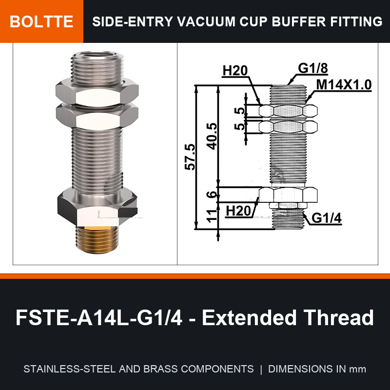 BOLTTE FSTE-A14L-G1/4 - Extended Thread side-entry rotary vacuum cup buffer fitting