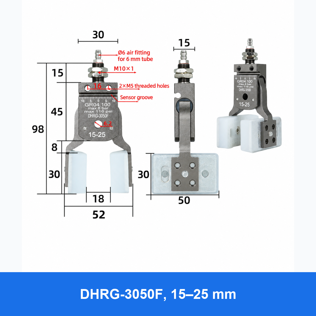 DHPG or DHRG 3050 mini pneumatic gripper, DHRG-3050F, 15–25 mm