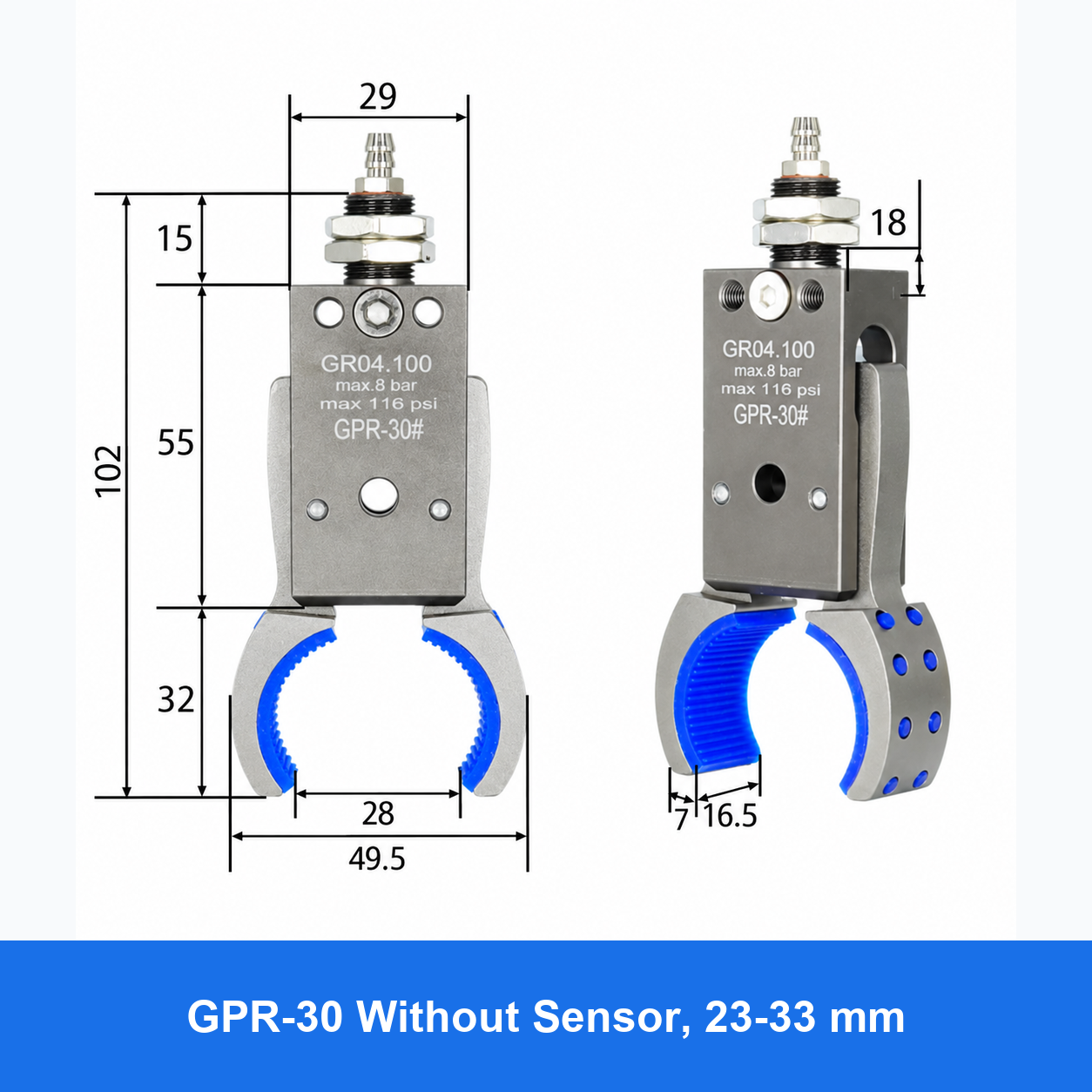 Pneumatic bottle-preform gripper, GPR-30 Without Sensor, 23-33 mm