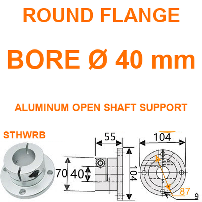 STHWRB round flange aluminum open shaft support, 40 mm bore