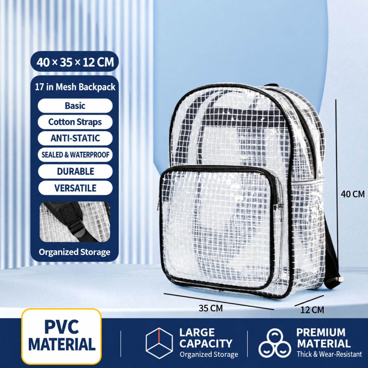BOLTTE transparent PVC anti-static cleanroom bag 17 in Mesh Backpack – Basic – 40 × 35 × 12 cm