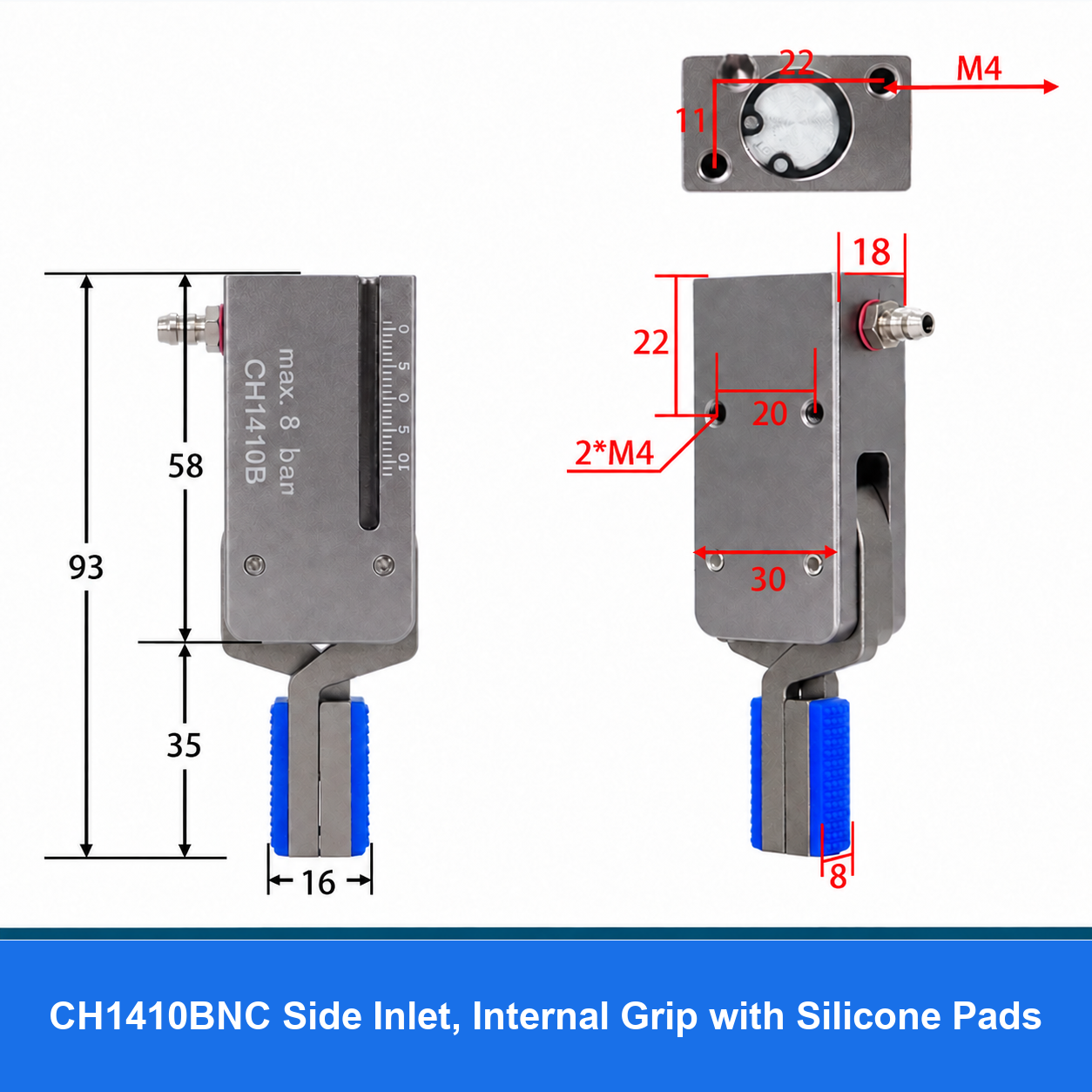 CH1410 mini pneumatic gripper or accessory, CH1410BNC Side Inlet, Internal Grip with Silicone Pads