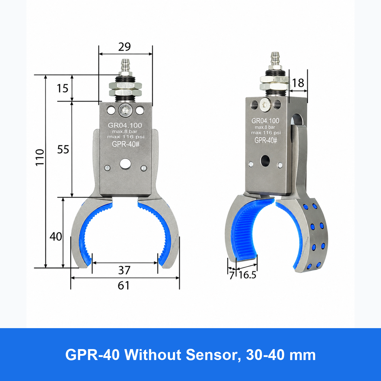 Pneumatic bottle-preform gripper, GPR-40 Without Sensor, 30-40 mm