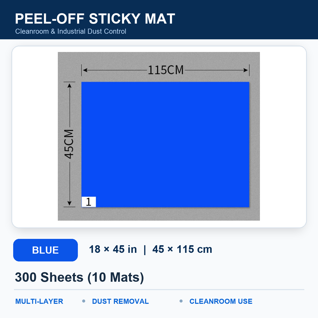 BOLTTE blue peel-off sticky mat Blue – 18 × 45 in (45 × 115 cm) – 300 Sheets (10 Mats)