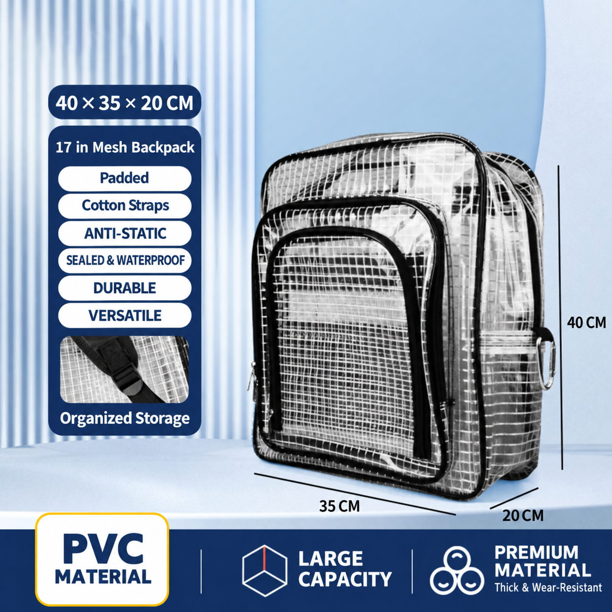 BOLTTE transparent PVC anti-static cleanroom bag 17 in Mesh Backpack – Padded – 40 × 35 × 20 cm