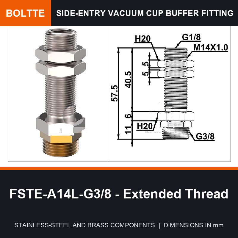 BOLTTE FSTE-A14L-G3/8 - Extended Thread side-entry rotary vacuum cup buffer fitting