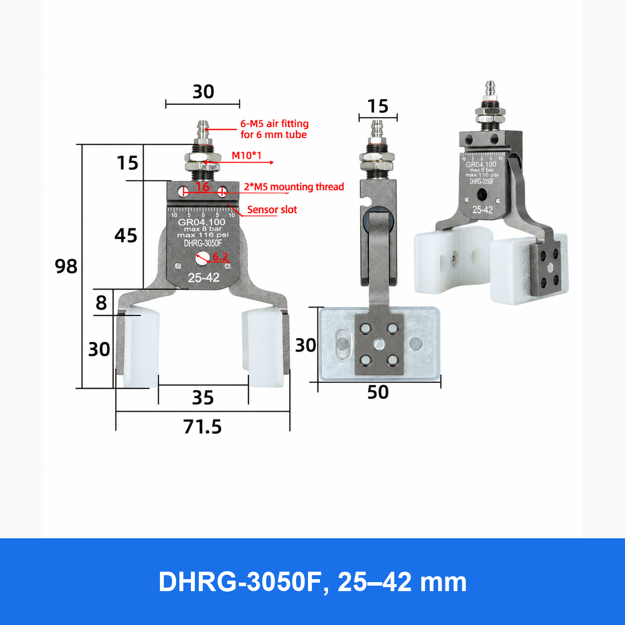 DHPG or DHRG 3050 mini pneumatic gripper, DHRG-3050F, 25–42 mm