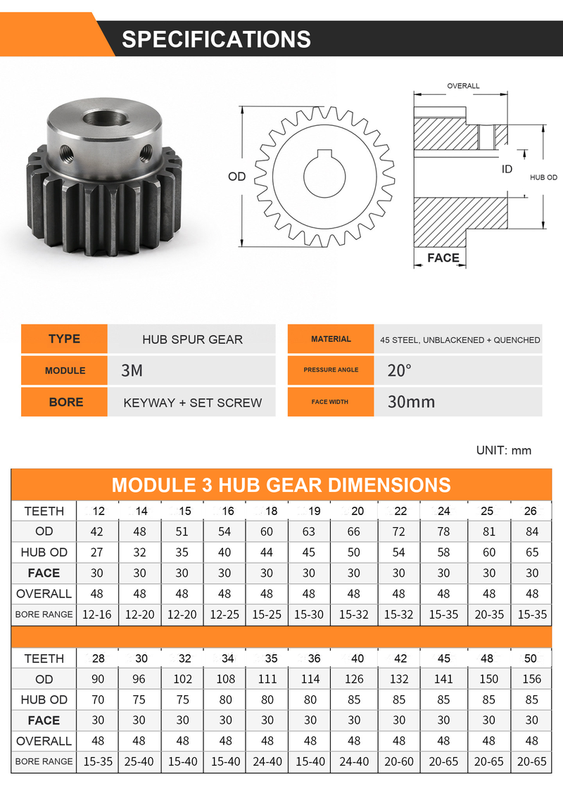 BOLTTE Module 3 hub spur gear dimensions