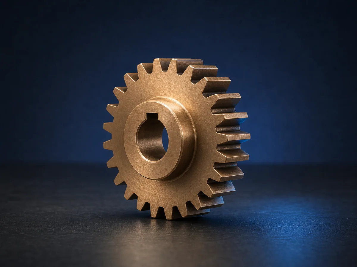 Illustrative render of a bronze-colored copper-alloy gear concept; material requires confirmation