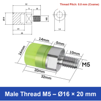 Male Thread M5 – Ø16 × 20 mm, 304 stainless steel polyurethane-coated buffer component