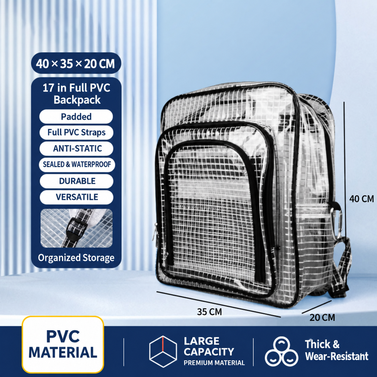 BOLTTE transparent PVC anti-static cleanroom bag 17 in Full PVC Backpack – Padded – 40 × 35 × 20 cm