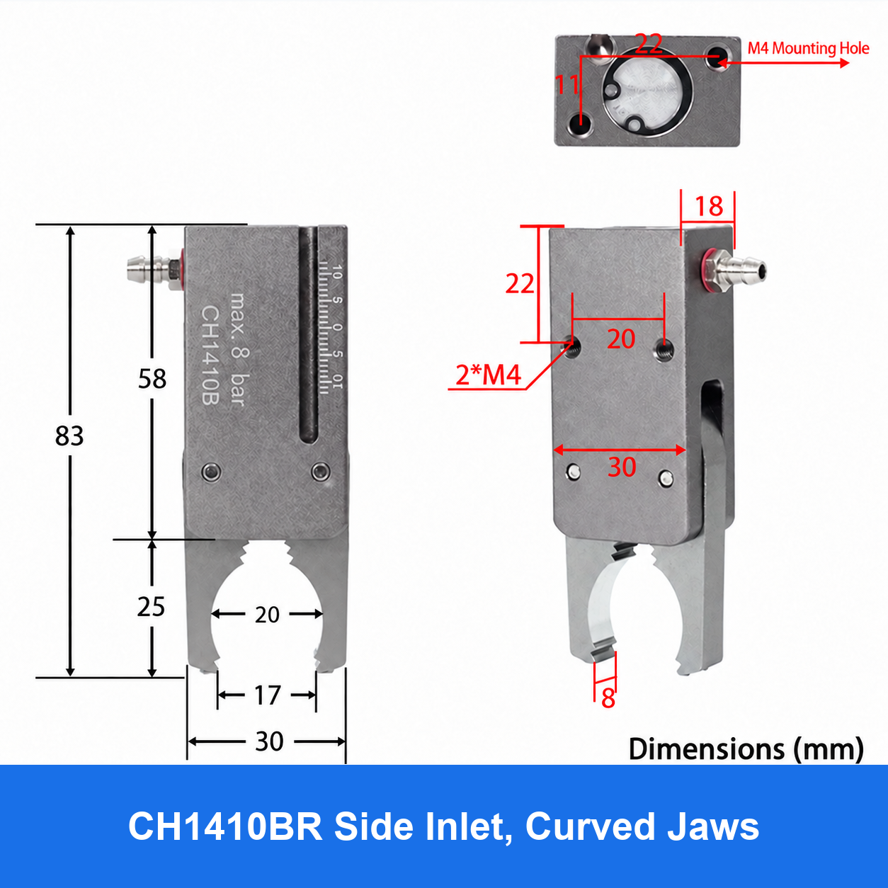 CH1410 mini pneumatic gripper or accessory, CH1410BR Side Inlet, Curved Jaws